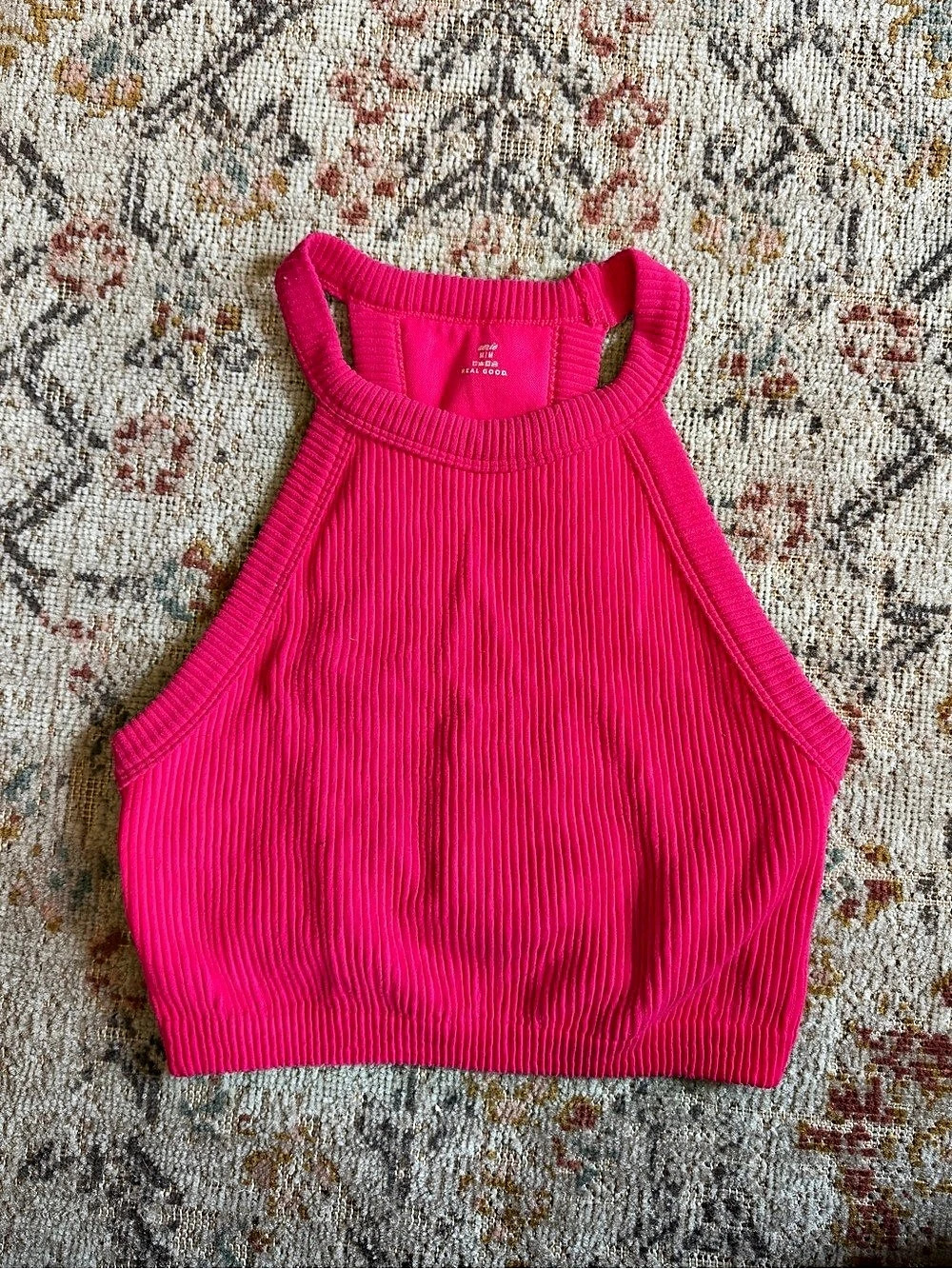 Aerie Real Good Ribbed High Neck Crop Tank Top Pink